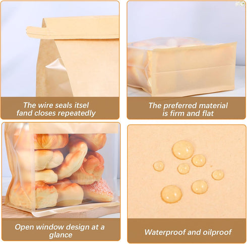 Limbeuuu 100 Packaging 11.2 4.3 8.7 Pcs Heavy Duty Large Paper Bread Bags with Tin Tie Tab Lock, Loaf Bag with Clear