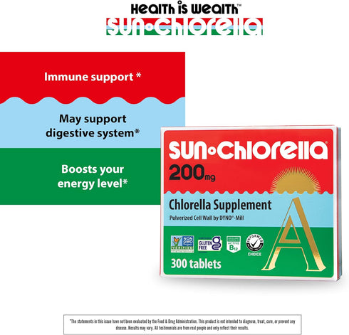 Sun Chlorella 200 mg Green Algae Superfood Supplement, 300 Tablets - Non-GMO, Chlorophyll, CGF, Active B12, Iron,