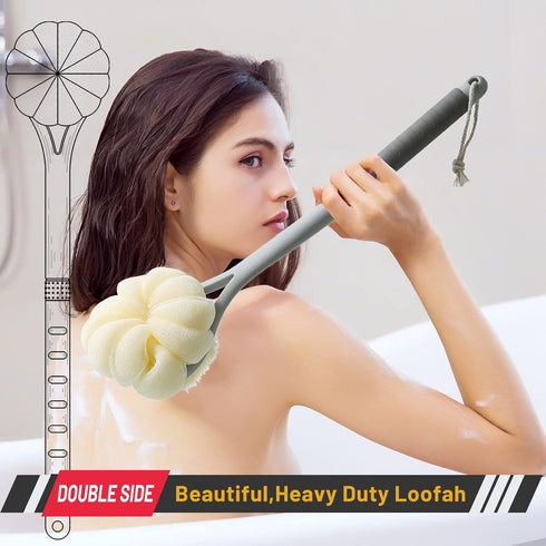 Shower Body Brush with Soft Bristles and Pumpkin Loofah, 14” Long Handle Back Scrubber for Skin Exfoliating Bath