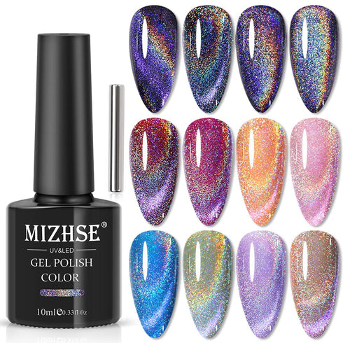 MIZHSE 10ml Universal Rainbow Cat Eye Gel Polish, Laser Holographic 9D Soak Off LED U V Nail Art Varnish with Magnetic