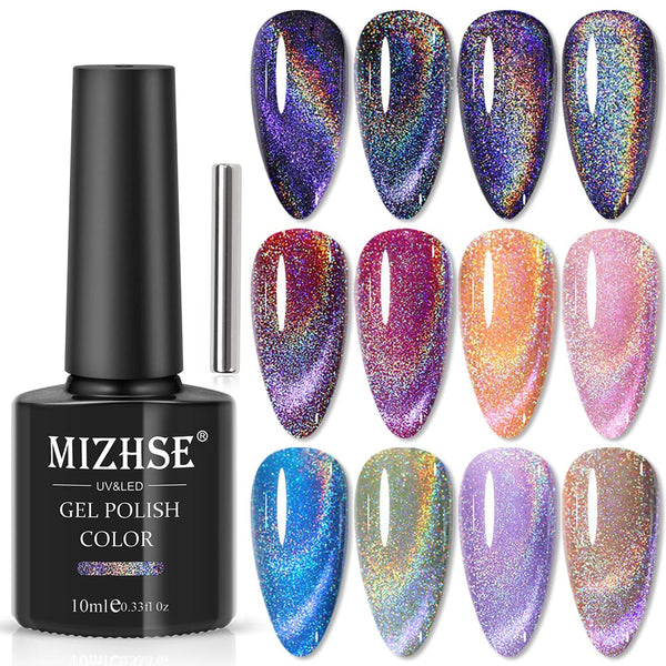 MIZHSE 10ml Universal Rainbow Cat Eye Gel Polish, Laser Holographic 9D Soak Off LED U V Nail Art Varnish with Magnetic