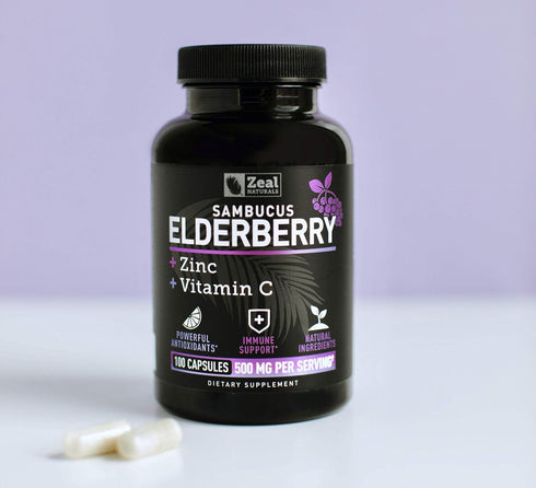 Zeal Naturals Max Strength Elderberry Capsules + Zinc + Vitamin C, 500mg for Immune System Support, 100 Count