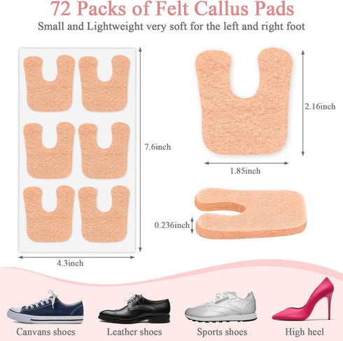 72 Pcs Callus Pads for Feet Soft Felt Callus Cushions for Bottom of Foot U Shape Metatarsal Pads Pain Relief Adhesive Coin Pads Keep Protecting Calluses from Rubbing on Shoes for Women Men Heel Pads