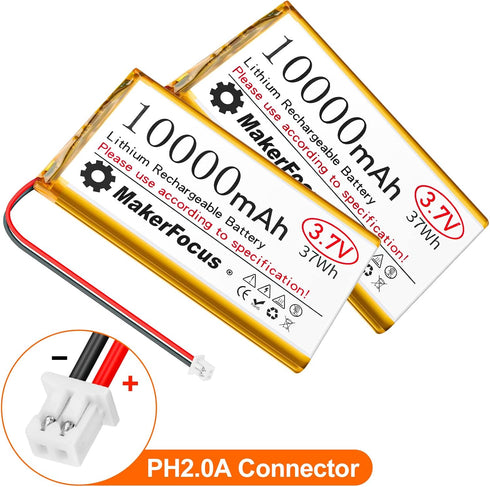 MakerFocus 3.7V LiPo Battery 10000mAh Lithium Rechargeable Battery with Integrated Protective Board, Insulation Coating and PH2.0A Plug for Raspberry Pi UPS Board and Other