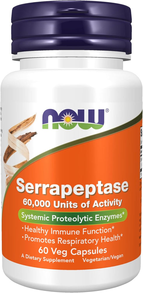 NOW Supplements Serrapeptase 60,000 Units, 60 Veg Capsules, Promotes Respiratory Health and Immune Function*