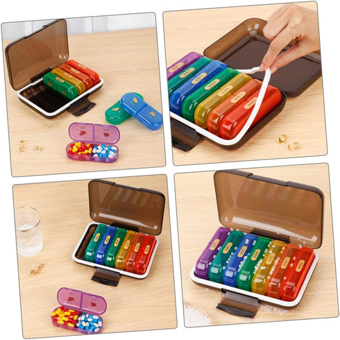 SEWCHICS 7-Day Weekly Portable Pill Organizer Case with Compartments, Rainbow Color with Black Shell, Travel Medicine
