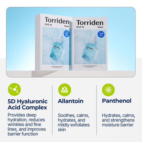 Torriden DIVE-IN Hyaluronic Acid Facial Sheet Masks | 10 Count Moisturizing Sheet Mask for Sensitive, Dry Skin, Vegan &