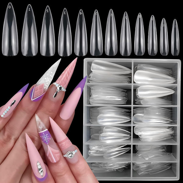 LoveOurHome 240pc XL Clear Stiletto Nail Tips, Full Cover Acrylic False Nails for Women Girls, 12 Size Manicure
