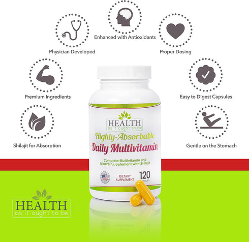 Health As It Ought To Be Highly Absorbable Daily Multivitamin with Shilajit, MethylB12, Methylfolate, Vitamin K2 MK7,
