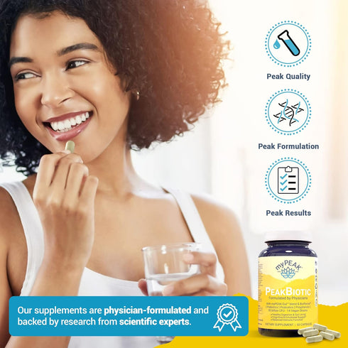 PeakBiotic Vegan Synbiotic with 50 Billion CFU Probiotics, Prebiotics, Postbiotics, 60 Capsules for Gut Health