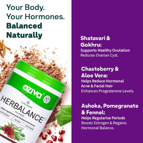 OZIVA 250g Plant Based HerBalance for PCOS | PCOS Supplement for Women for Hormonal Balance & Better Menstrual Cycle |
