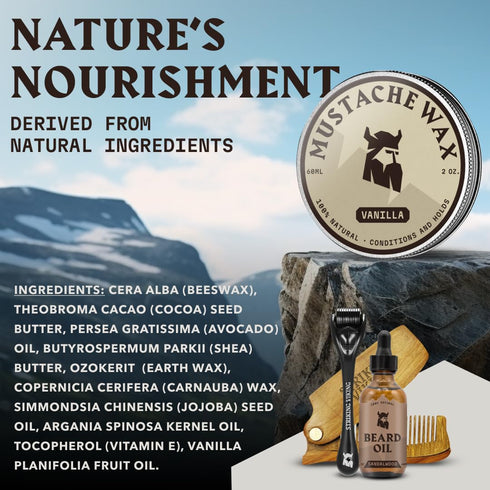 Striking Viking Mustache Wax & Comb Kit, 2 Oz Medium/Strong Hold, Vanilla Scent, Non-Greasy Mustache Grooming Kit