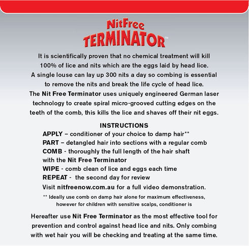 Nit Free Terminator Lice Comb - Professional Stainless Steel for Effective Head Lice Treatment (Pack of 1, Color May