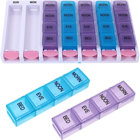 YOSADIER Colorful 28-Compartment Pill Organizer Box, Weekly Medicine Storage Case with Push-Button Flip