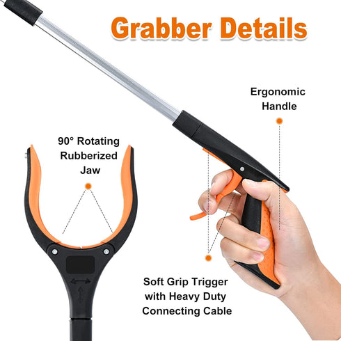 2-Pack Extra Long 32 Inch Grabber Reacher Tool, Foldable Pick Up Stick with Magnetic Grip, Trash Picker Tool (Orange)