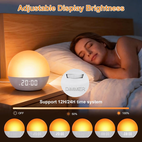 LUMLLSAJI 24 17 Dimmable Sunrise Alarm Clock, White Noise Sound Machine, Gentle Alarm Clocks for Bedrooms, Natural
