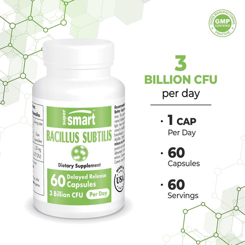 Supersmart - Bacillus Subtilis, 3 Billion CFU per Day, High Potency Probiotic Supplement, 60 DR Capsules