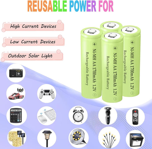 Teneyuuo 8 Packs 1.2V 1700mAh NI-MH AA Rechargeable Batteries Long Lasting for Home Device, Electric Toys, Remotes Toy