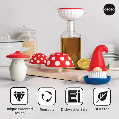 OTOTO Forest Trio Bundle of Beardy, Magic Mushroom, Fun Guy - Gnomes Dish Brush, Fungilicious Kitchen Funnel, Fridge