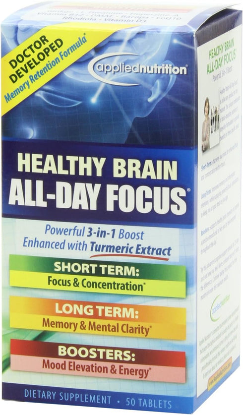 Applied Nutrition Healthy Brain All-Day Focus, 50 Tablets, 3-in-1 Brain Booster