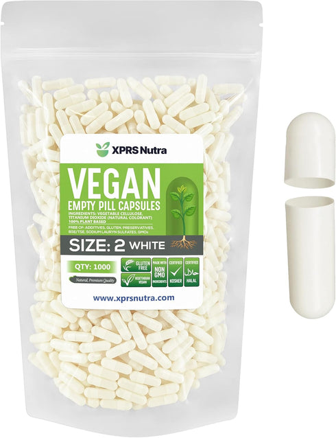 XPRS Nutra Size 2 Empty Capsules - 1000 Empty Vegan Capsules - Vegetarian Empty Pills for DIY Vegetable Capsule Filling