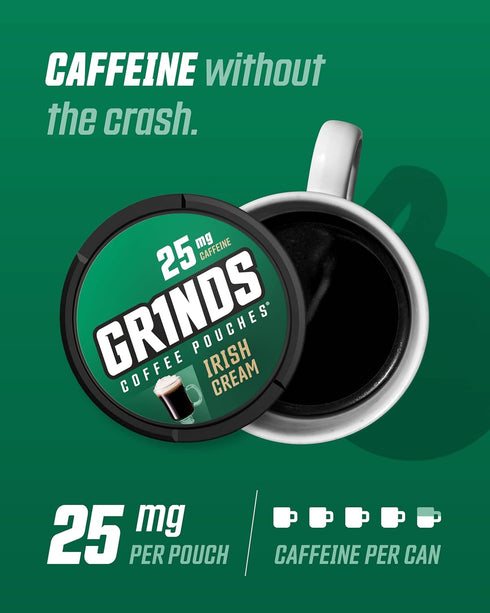 Grinds Coffee Pouches, Tobacco Free Healthy Alternative, 3 Cans of Irish Cream, 18 Pouches Per Can