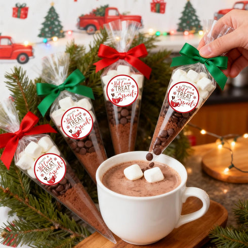 YIXAXKAO 50 Set Hot Chocolate Bar Accessories Cone Cellophane Bag Chocolate Marshmallow Bags with Hot Cocoa Label
