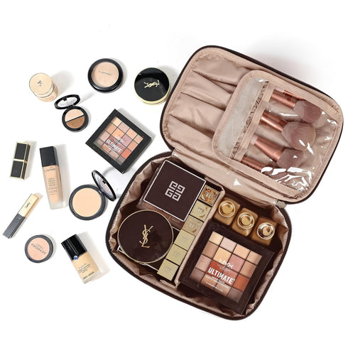 NISHEL Travel Makeup Bag for Women - Cosmetic Organizer Case for Travel-Size Accessories, Bottles, Brushes, and Skin