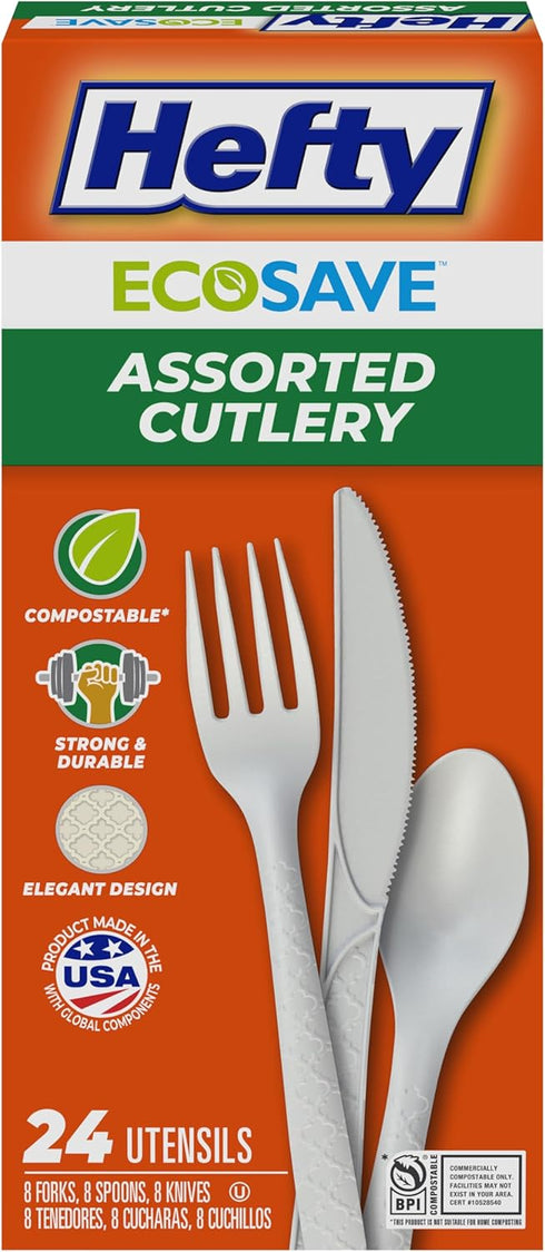 Hefty ECOSAVE Compostable Assorted Cutlery Set, Utensils for BBQs, Tailgates, Camping, Parties,
