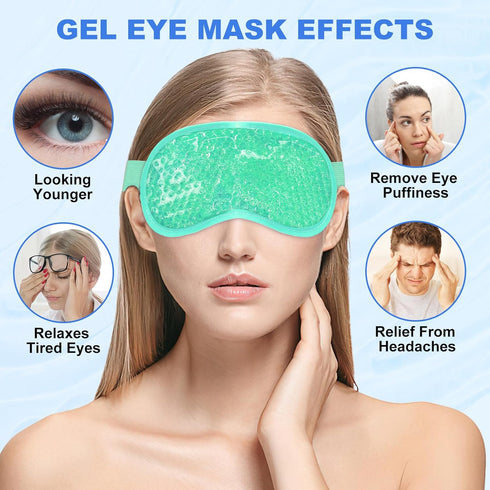 2Pack Cold Cooling Eye Mask, Reusable Gel Eye Mask for Hot/Cold Therapy, Plush Backing for Headache Relief (Blue+Green)