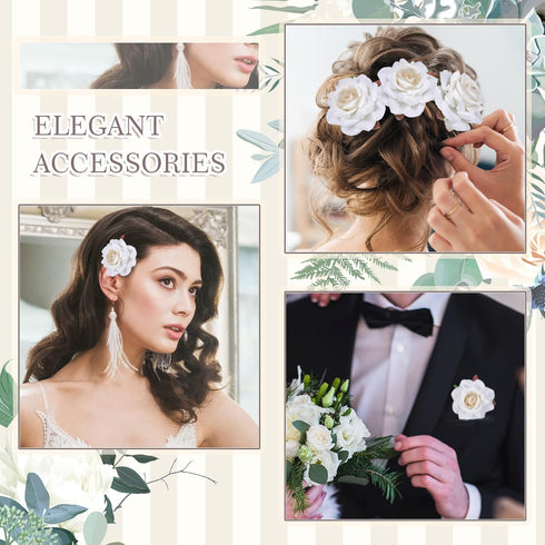 Yilloog 12 Pack Rose Hair Clip - 2.8'' Floral Brooch Hairpins for Women, Wedding Pack (White)