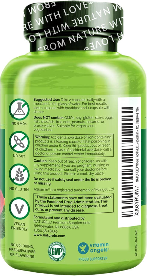 NATURELO Whole Food Multivitamin for Teens - Vitamins & Minerals for Teenage Boys & Girls, Non-GMO, Vegan & Vegetarian