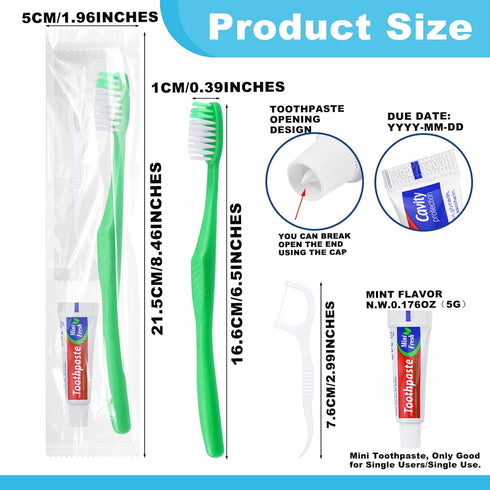 Disposable Toothbrushes with Toothpaste - 200Pcs Green Individually Wrapped Travel Toothbrushes and Dental Floss Kit