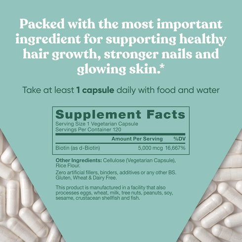Biotin 5000 mcg Hair Skin Nails Supplement – High-Potency Hair Growth Vitamins for Women & Men – 120 Vegan Soft Capsules