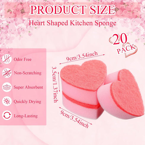 20 Pcs Pink Heart Dishes Sponge for Kitchen Dual Sided Kitchen Sponge and Scrubber for Washing Dishes, Pots Pans and Household Cleaning Supplies Valentine's Day Gifts