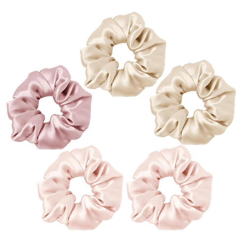 LILYSILK 100% Mulberry Silk Hair Scrunchies Ties, 5PC (gravel gold x 2, camel x 2, rosy pink)