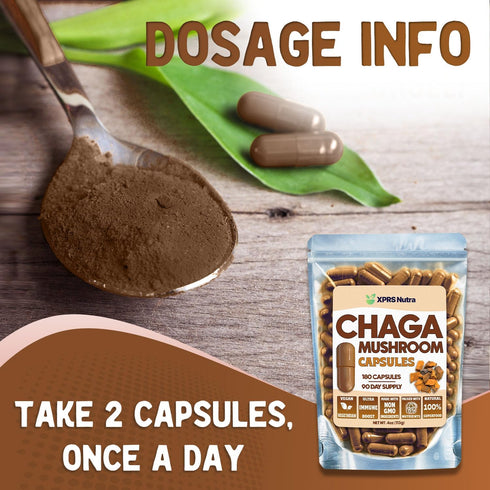Immunity 180 Count XPRS Nutra Chaga Mushroom Capsules - Premium Chaga Mushrooms Capsules- Encapsulated Chaga Mushroom