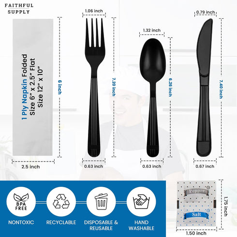 50 ct Black Plastic Utensils Set, Heavy Duty Disposable Cutlery Pack with Wrapped Napkin and Salt/Pepper
