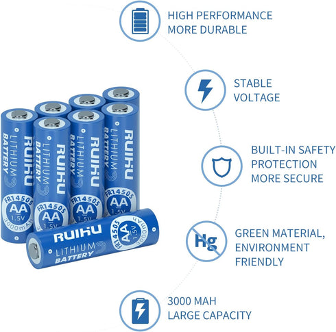 RUIHU 8 Pack 1.5V 3000mAh AA Batteries Lithium Iron Double A Batteries, Longer Lasting AA Lithium Batteries for Blink