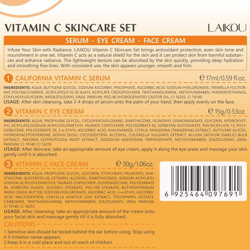 Skin Care Set Vitamin C Beauty Gift, Serum, Eye Cream & Face Cream Travel Kit for Women, 3pcs