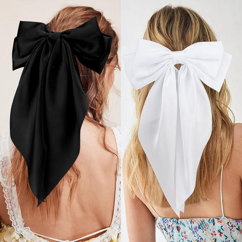 Velscrun Hair Bows for Women and Girls - 4Pcs White Silky, Navy Blue Satin, Grey Big Hair Bows