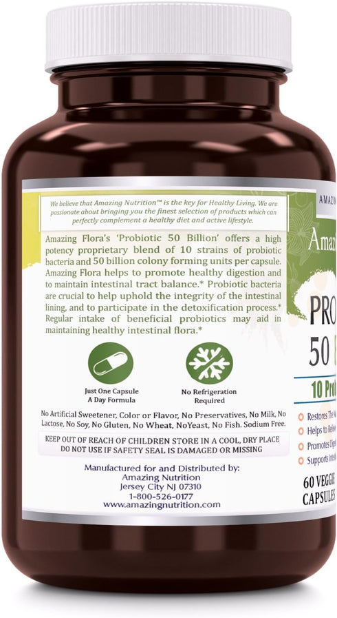 Amazing Flora Probiotic 50 Billion with 10 Best Probiotics Strains Including Acidophilus, plantarum, rhamnosus etc * Supports Digestive & Immune Health * Veggie Capsules (60 Count)