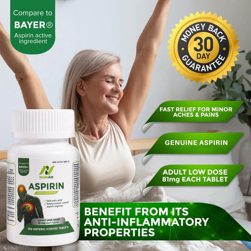 Pure Low Dose Baby Aspirin 81mg for Adults, 100 Count Enteric Coated Aspirin Tablets for Men and Women, Safe Relief for Symtoms Associated with Headache, Arthritis, Cramps
