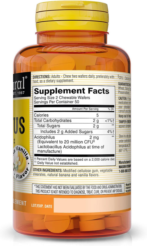 MASON NATURAL Acidophilus 20 Million CFU, A Healthy Digestion, Vanilla Banana Flavor, 100 Chewables (Pack of 3)