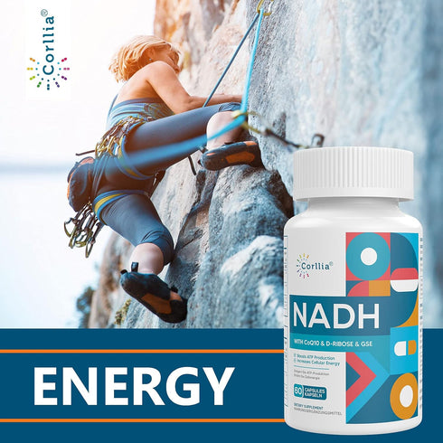 NADH 50mg + CoQ10 200mg + D-Ribose 150mg Supplement for Energy & Fatigue, 120 Veggie Capsules
