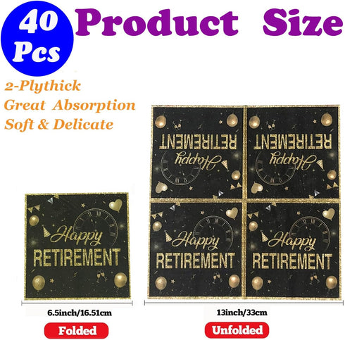 zxyxka 40 6.5in Pcs Happy Retirement Napkins Golden Black Disposable Paper Napkins for Dinner Picnic Cocktail Birthday