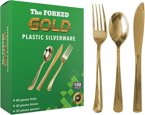 100 Pieces Gold Plastic Silverware Set, Heavy Duty Disposable Combo - 40 Forks, 30 Knives, 30 Spoons for Parties