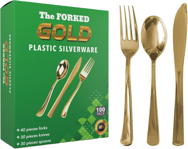 100 Pieces Gold Plastic Silverware Set, Heavy Duty Disposable Combo - 40 Forks, 30 Knives, 30 Spoons for Parties