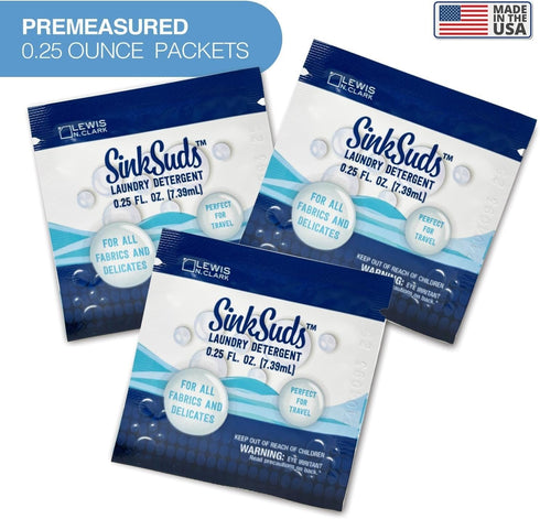 Sink-Packets, 0.25 Oz (Pack 16) SinkSuds Travel Laundry Detergent Liquid Soap + Odor Eliminator for All Fabrics