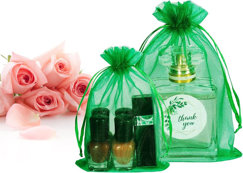 100Pcs 3x4 Inch Green Organza Bags with Drawstring, Small Mesh Jewelry Gift Pouches, Baby Shower Party Favor Bags